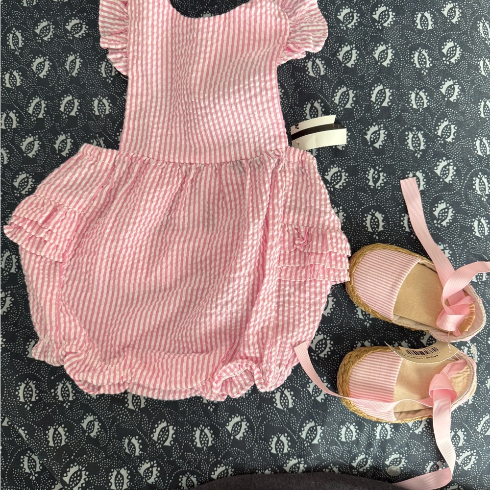 Pink Striped Baby Romper with Matching Espadrille Shoes